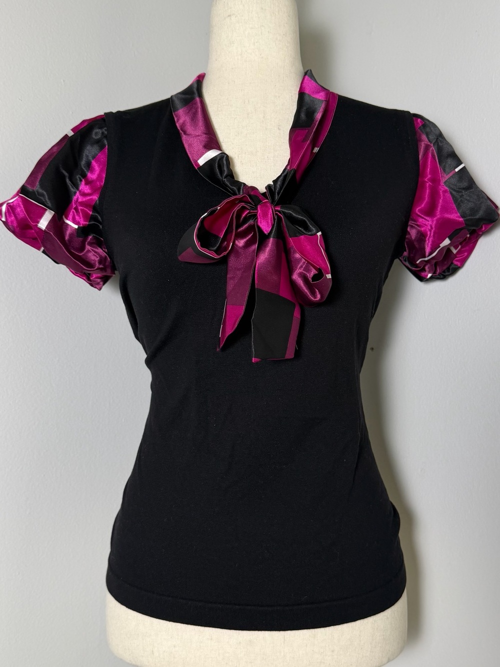 Style & Co. Pink & Black top w/ built-in silk scarf tie, NWT, Women's M